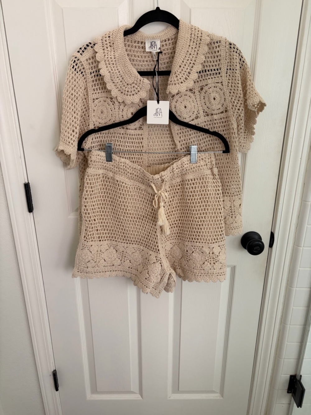 DRABeige Crochet Knit Shorts and Cardigan Set